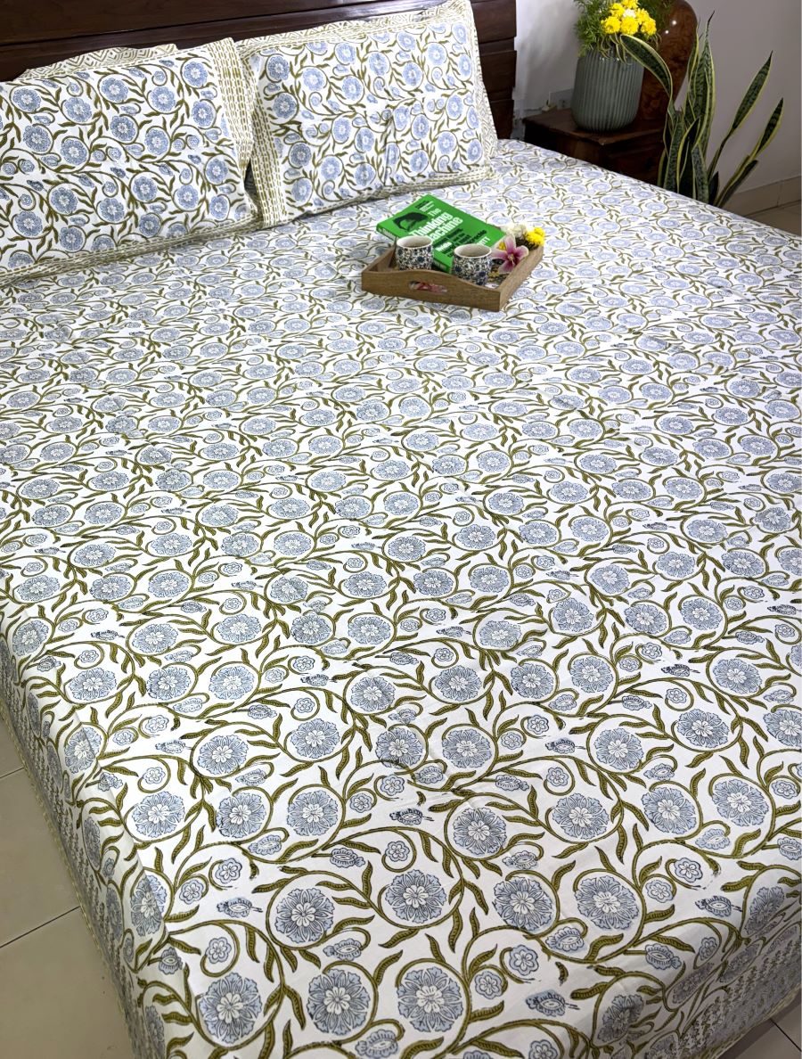 Green Flower Jaal Patterns Hand Block Bedsheet with 2 Pillow Cover Set - 400TC