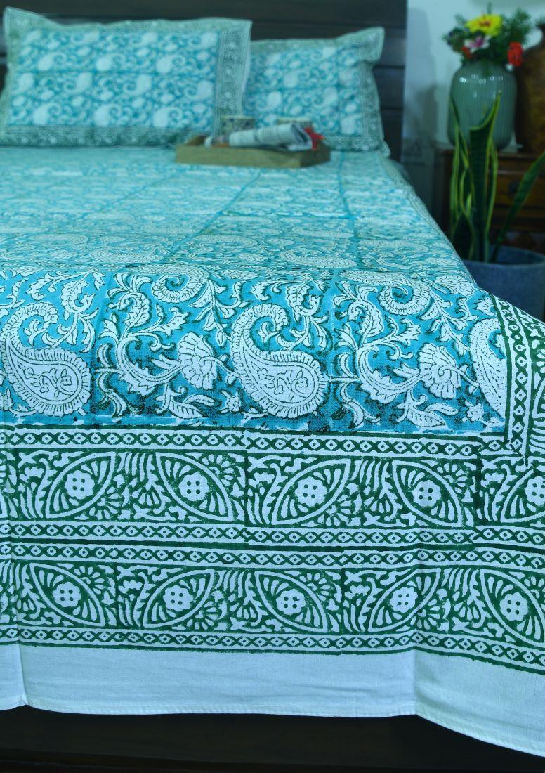 Green Paisley ka Gulistaan Hand Block Bedsheet with 2 Pillow Cover Set - 280TC