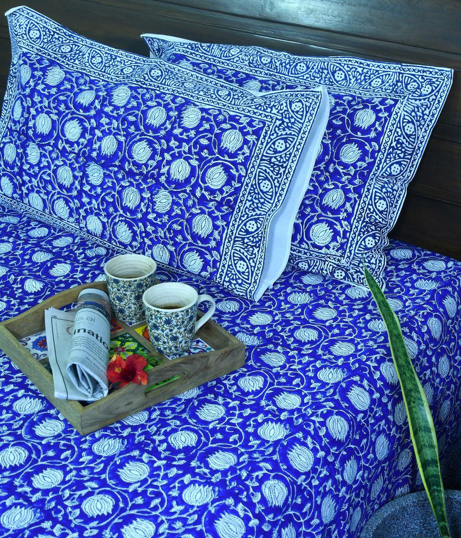 Blue Dark lotus Hand Block Bedsheet with 2 Pillow Cover Set - 280TC