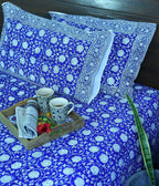 Blue Dark lotus Hand Block Bedsheet with 2 Pillow Cover Set - 280TC