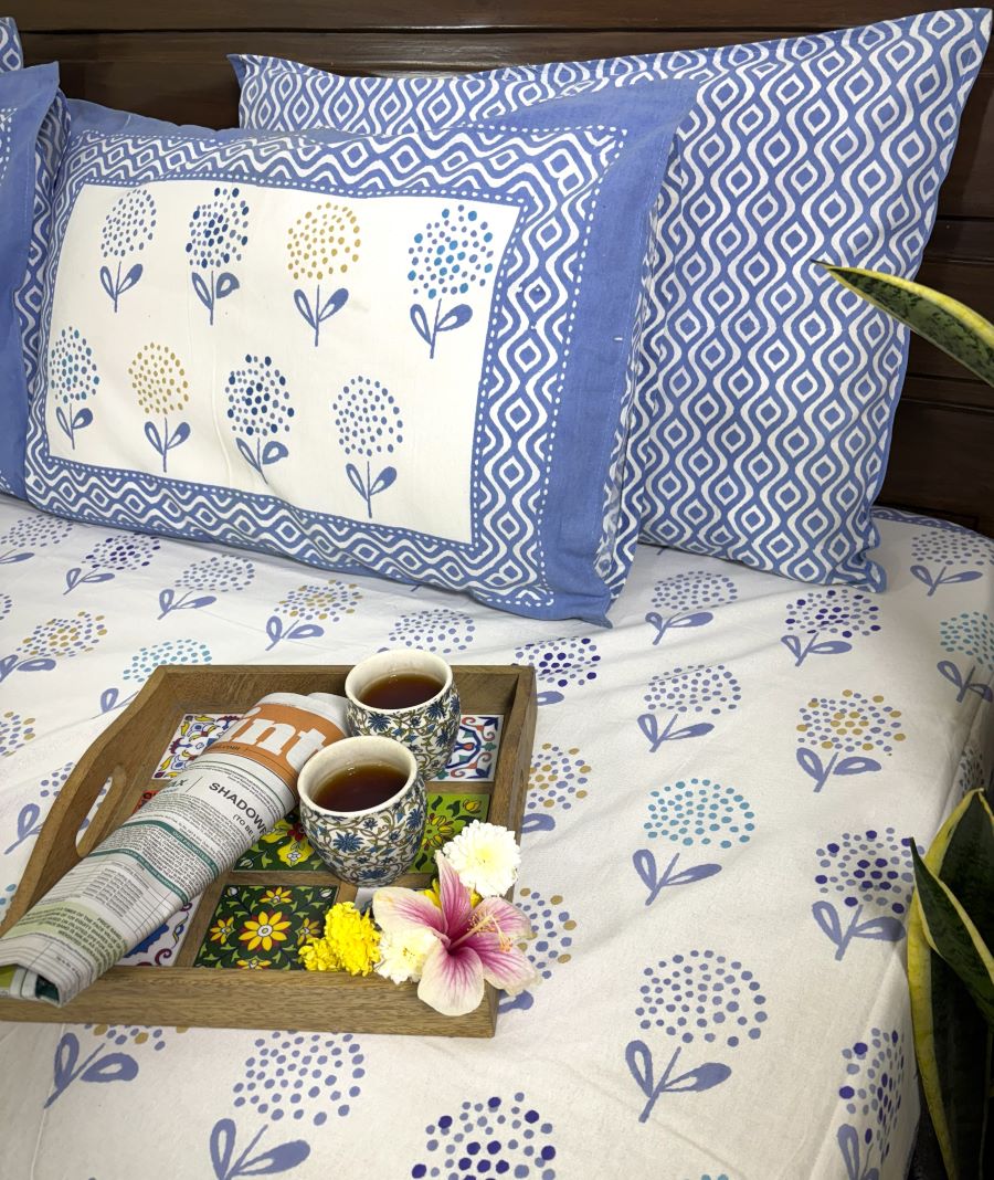 Soft Blue Guldaudi Hand Block Bedsheet with 2 Pillow Covers Set - 220TC