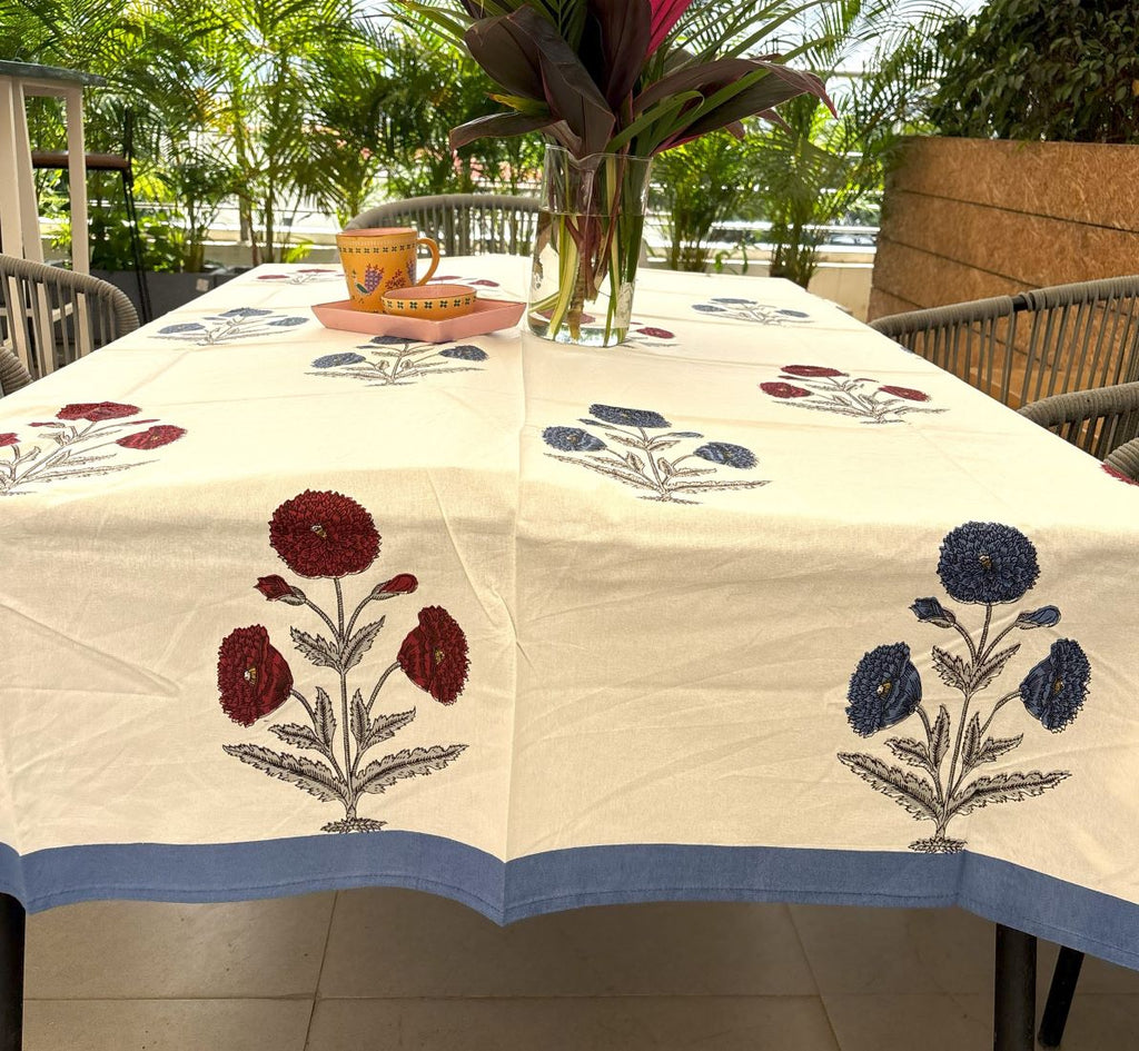 Violet & Red Marigold  Hand Block Rectangle Table Cover / Cloth