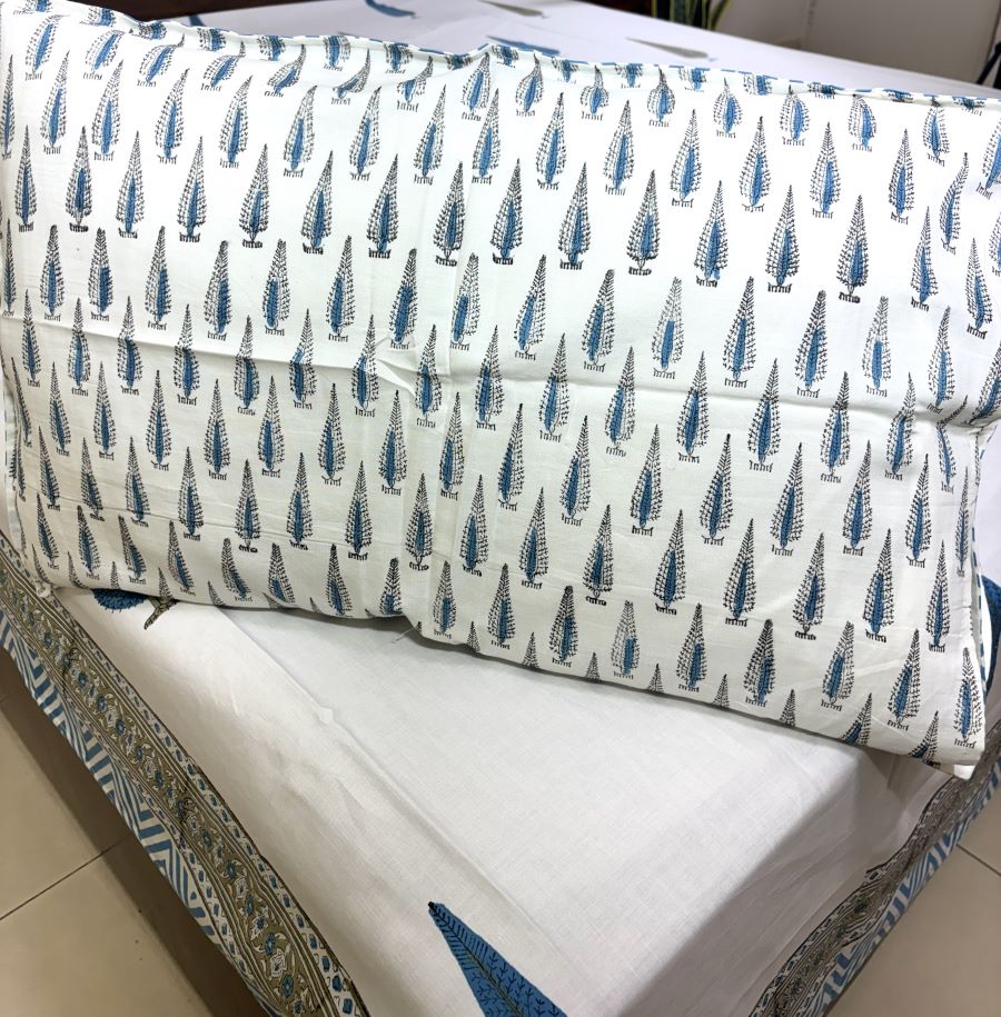 Blue Tree Motif  Hand Block Bedsheet with 2 Pillow Cover Set - 400TC