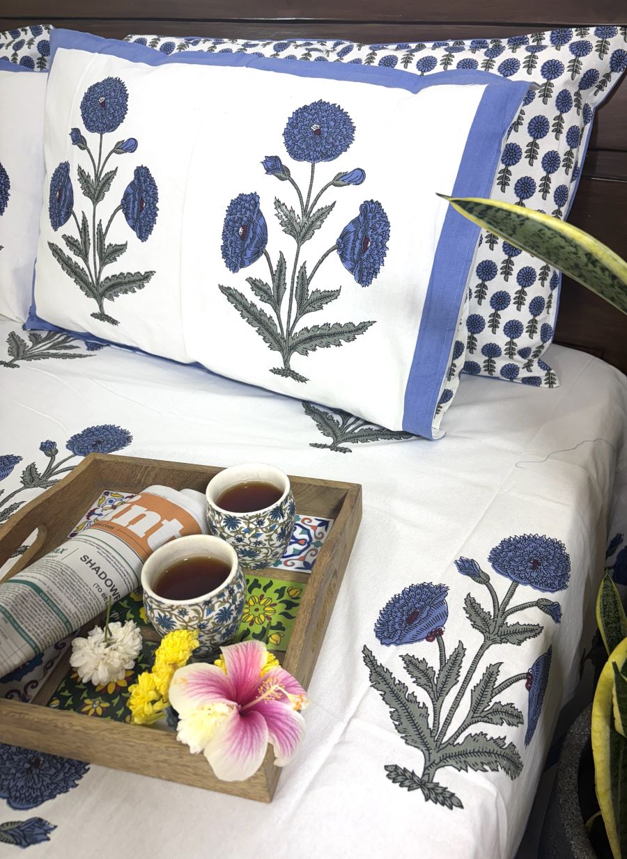 Blue Marigold Hand Block Bedsheet with 2 Pillow Cover Set - 220TC