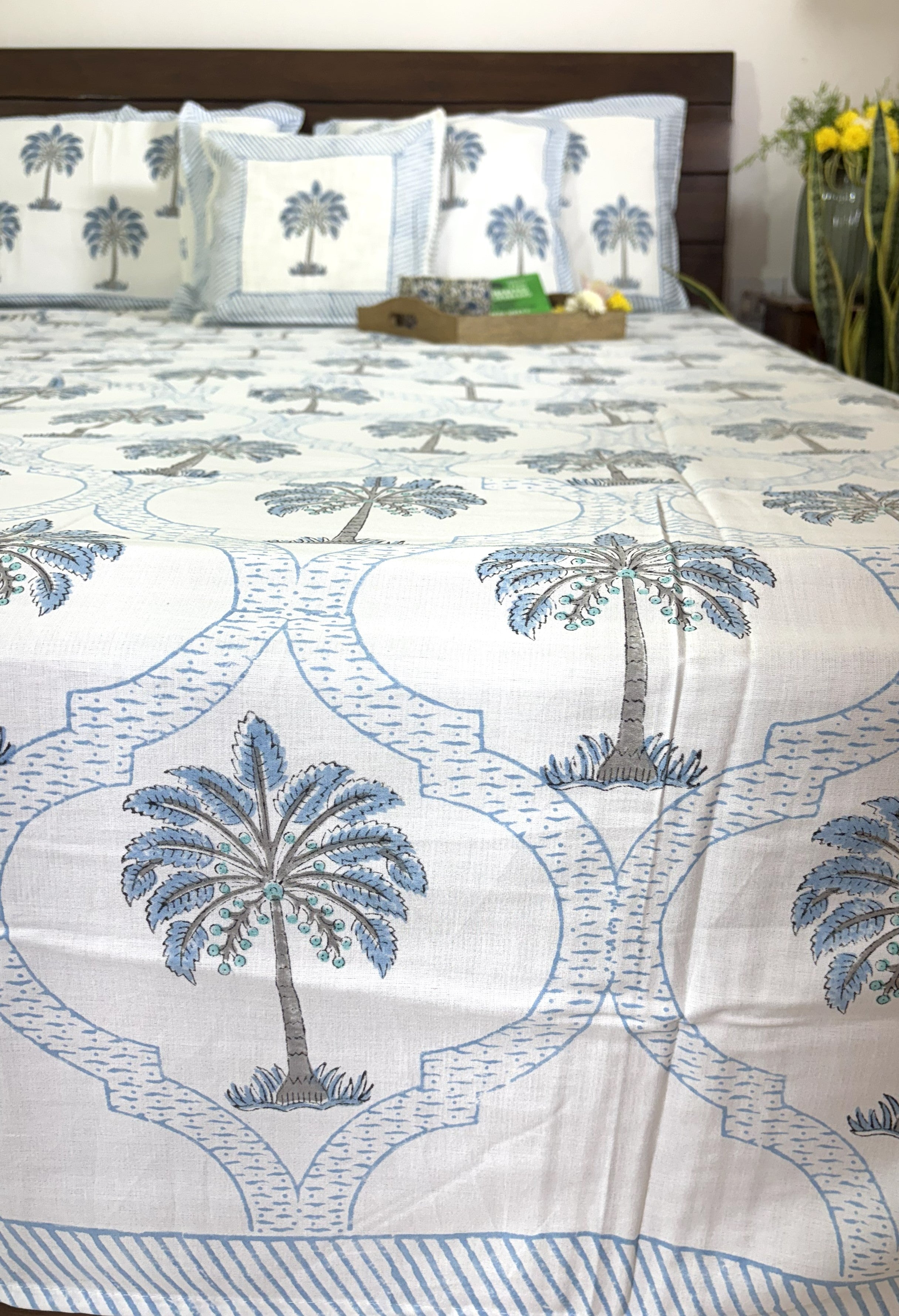 Light Blue Palm Tree Patterns Hand Block Bedsheet with 2 Pillow Cover Set - 400TC