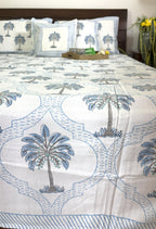 Light Blue Palm Tree Patterns Hand Block Bedsheet with 2 Pillow Cover Set - 400TC