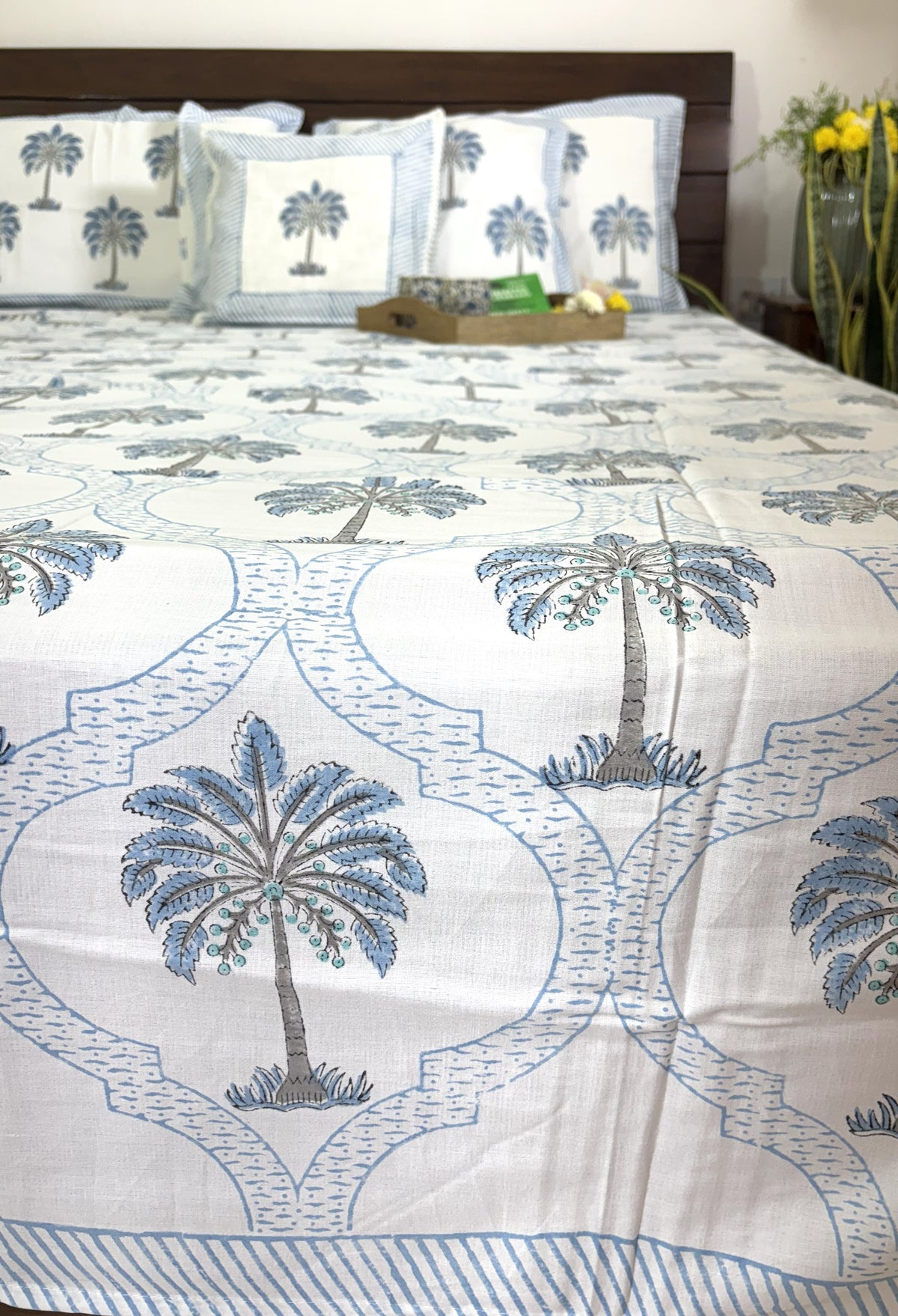 Light Blue Palm Tree Patterns Hand Block Bedsheet with 2 Pillow Cover Set - 400TC