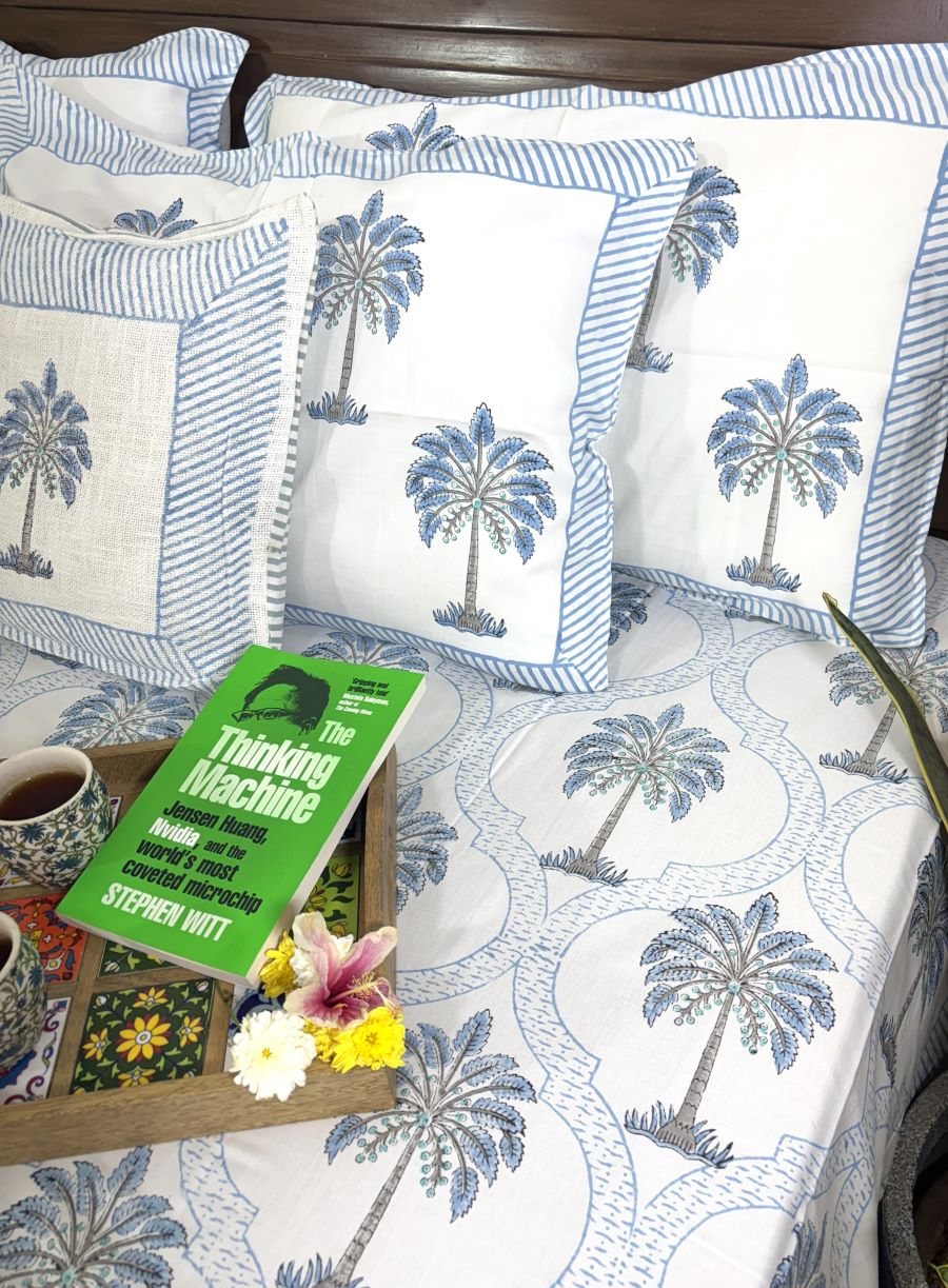 Light Blue Palm Tree Patterns Hand Block Bedsheet with 2 Pillow Cover Set - 400TC