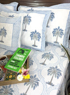 Light Blue Palm Tree Patterns Hand Block Bedsheet with 2 Pillow Cover Set - 400TC