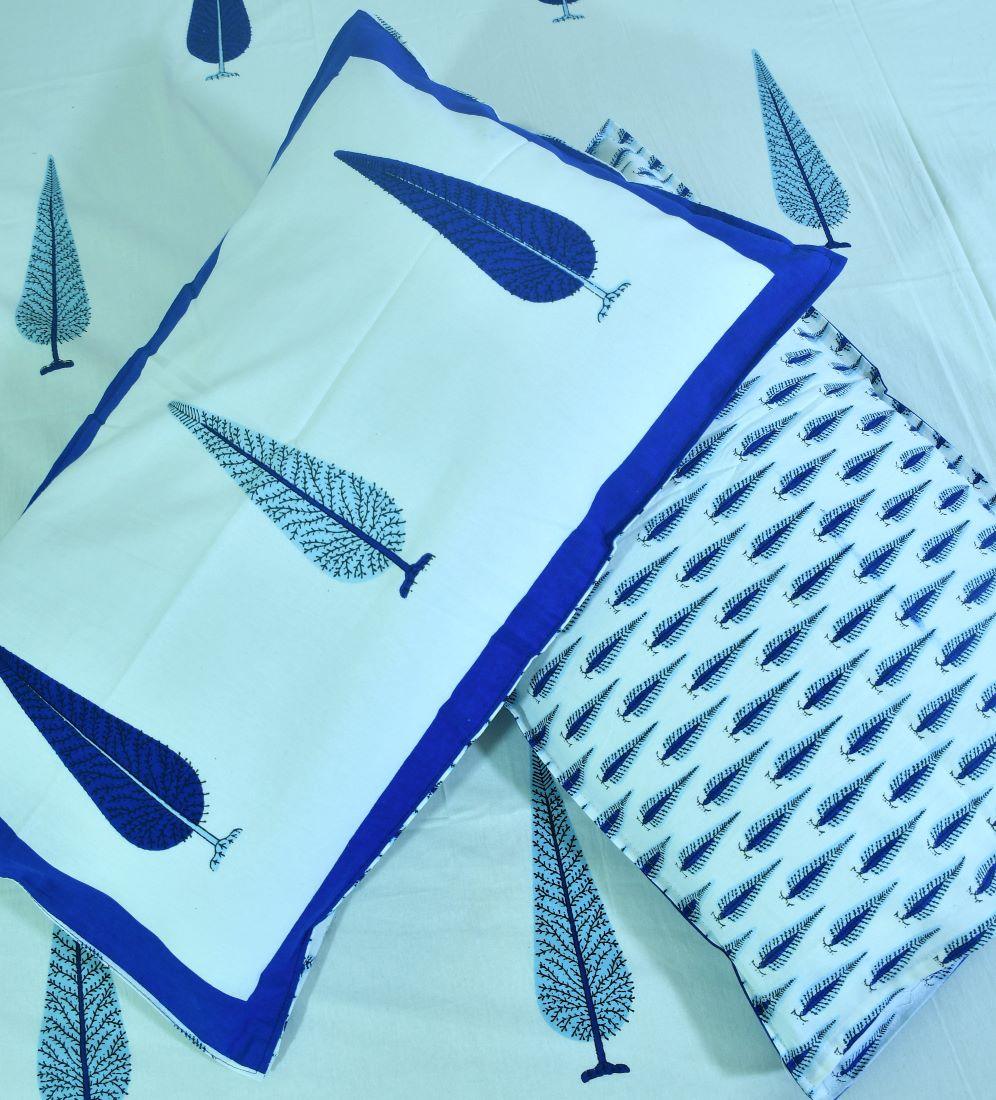 Blue Gulbahaar Hand Block Bedsheet with 2 Pillow Cover Set - 220TC