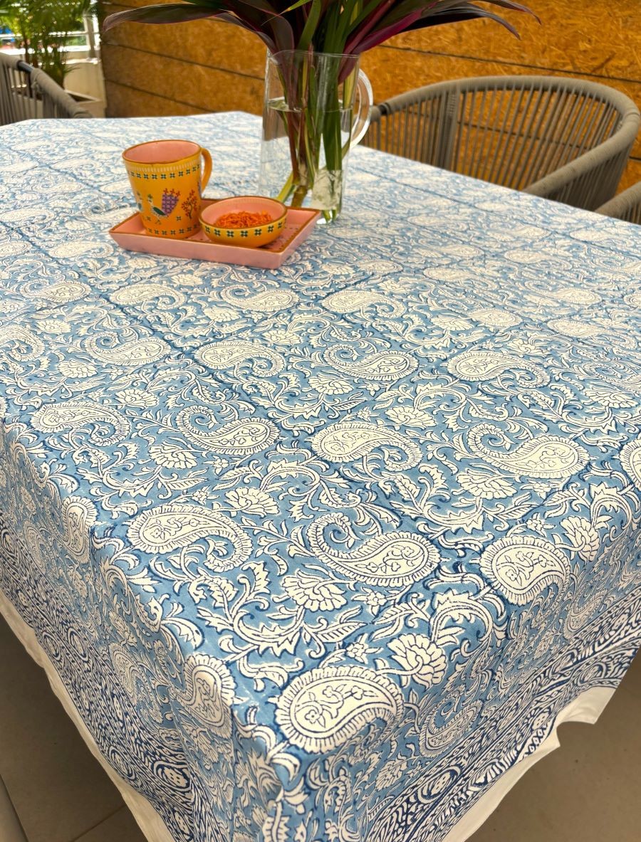 Blue Paisley ka Gulistaan Hand Block Rectangle Table Cover /Cloth