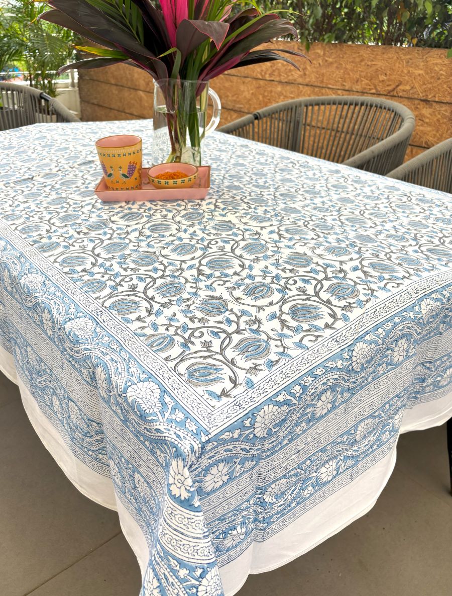 Blue Lotus Hand Block Rectangle Table Cover /Cloth