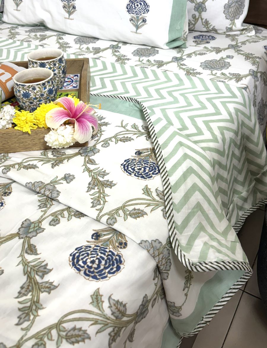Jacobean floral Blue & Grey Hand Block Muslin Dohar