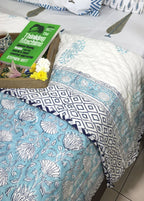Sky Blue Flower Jaal Patterns Bedsheet & Quilt/ Razai Set - Hand Block Printed