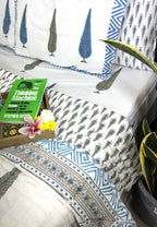 Blue Tree Motif Patterns Bedsheet & Quilt/ Razai Set - Hand Block Printed