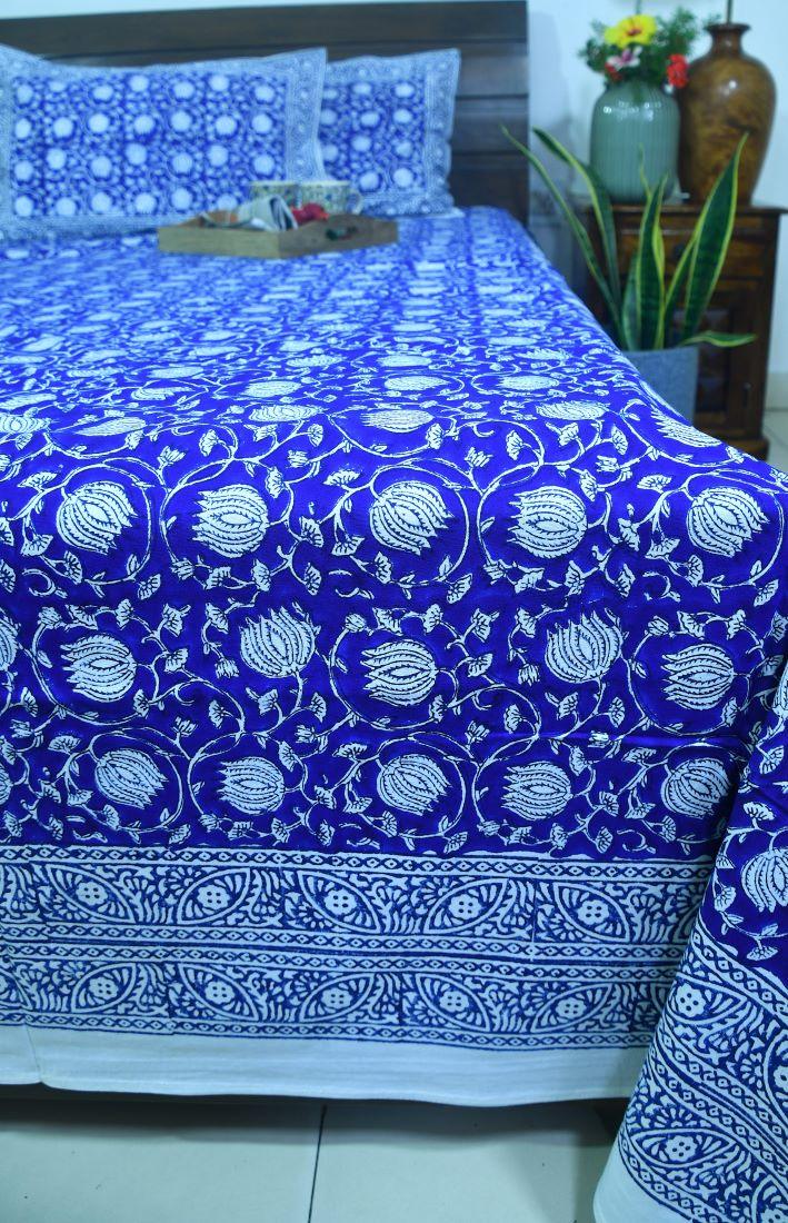 Blue Dark lotus Hand Block Bedsheet with 2 Pillow Cover Set - 280TC