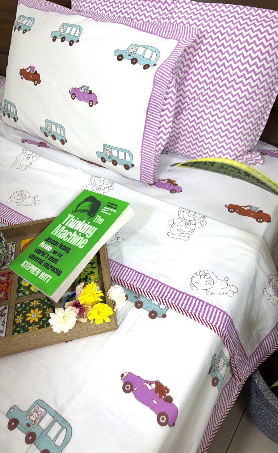 Pink, Blue Brown Car Design Hand Block Dohar