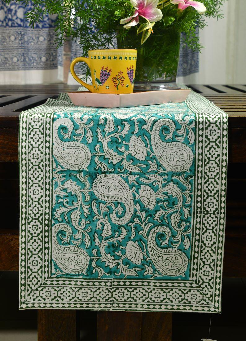Green Paisley ka Gulistaan Hand Block Cotton Canvas Table Runner