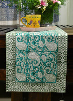 Green Paisley ka Gulistaan Hand Block Cotton Canvas Table Runner