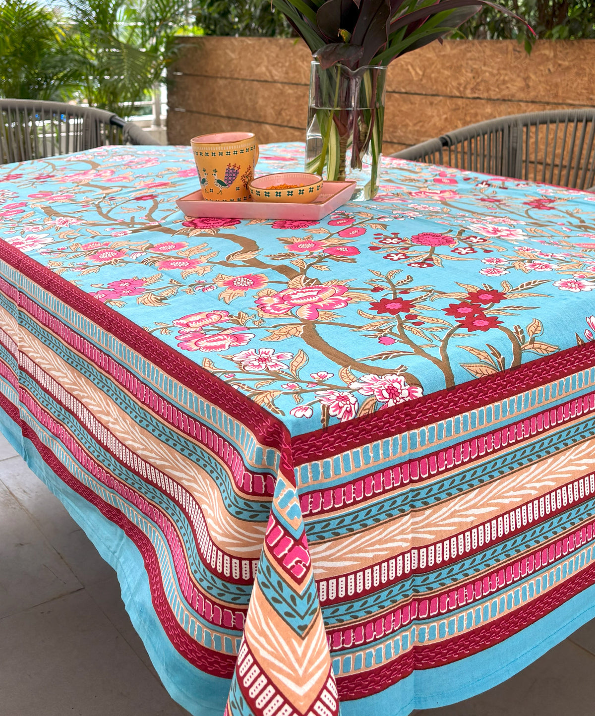 Royal Floral Tree Blue & Pink Hand Block Rectangle  Table Cover / Cloth