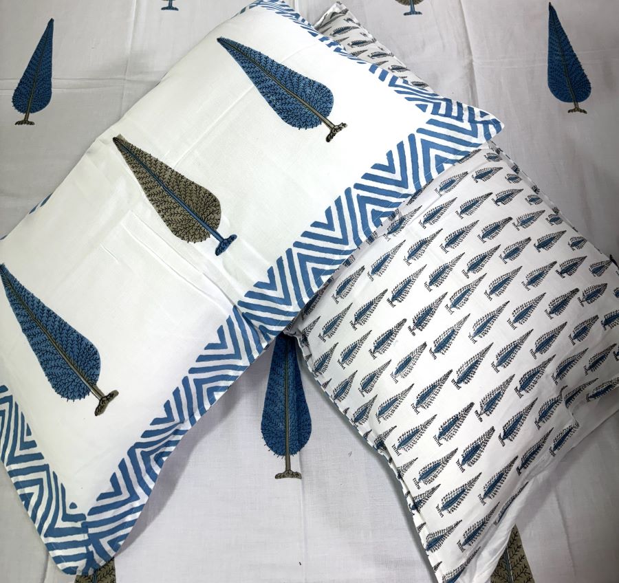 Blue Tree Motif  Hand Block Bedsheet with 2 Pillow Cover Set - 400TC