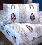 Red & Green Gulzar Hand Block Bedsheet with 2 Pillow Cover Set - 220TC