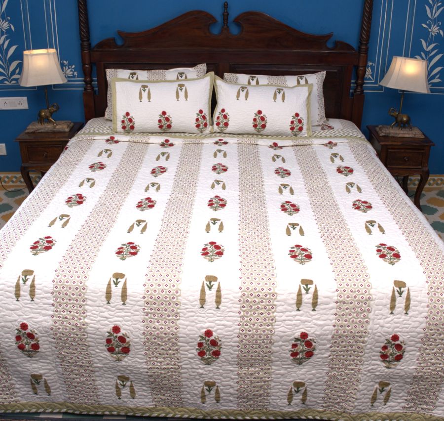 Pink & Green Gulzar Hand Block Quilted Bedcover