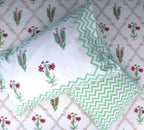 Light Green & Red Lilly Flower Hand Block Bedsheet with 2 Pillow Cover Set - 220TC
