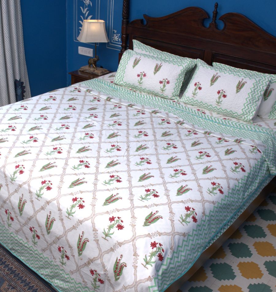 Light Green & Red Lilly Flower Hand Block Muslin Dohar