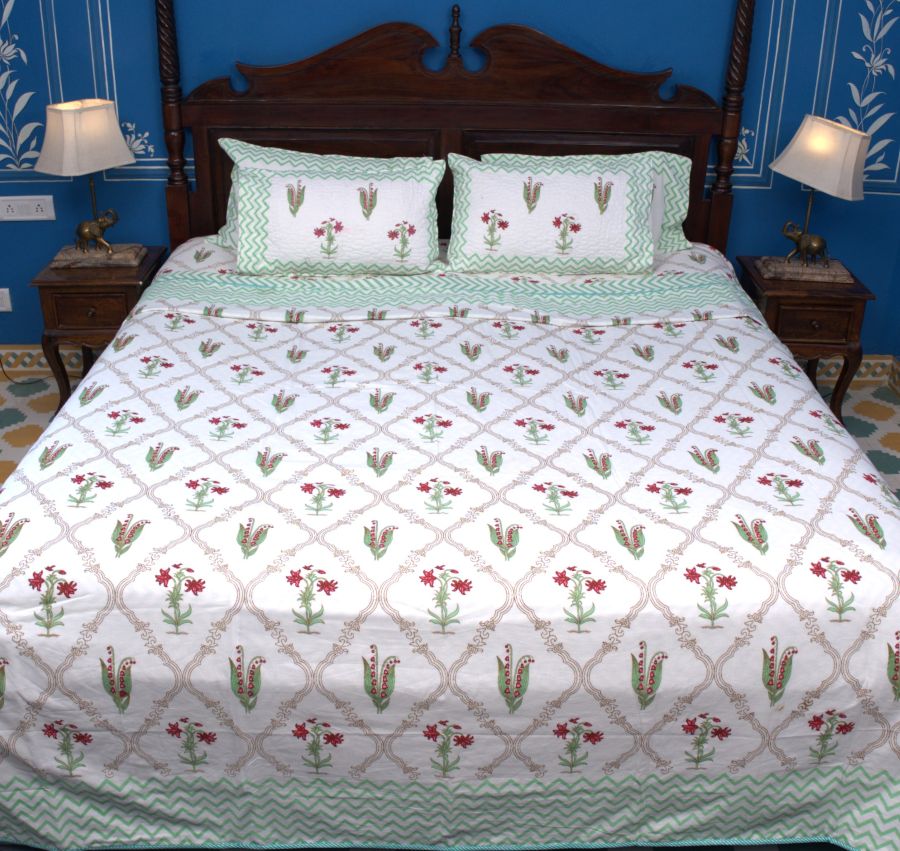 Light Green & Red Lilly Flower Bedsheet & Dohar Set – Hand Block Printed
