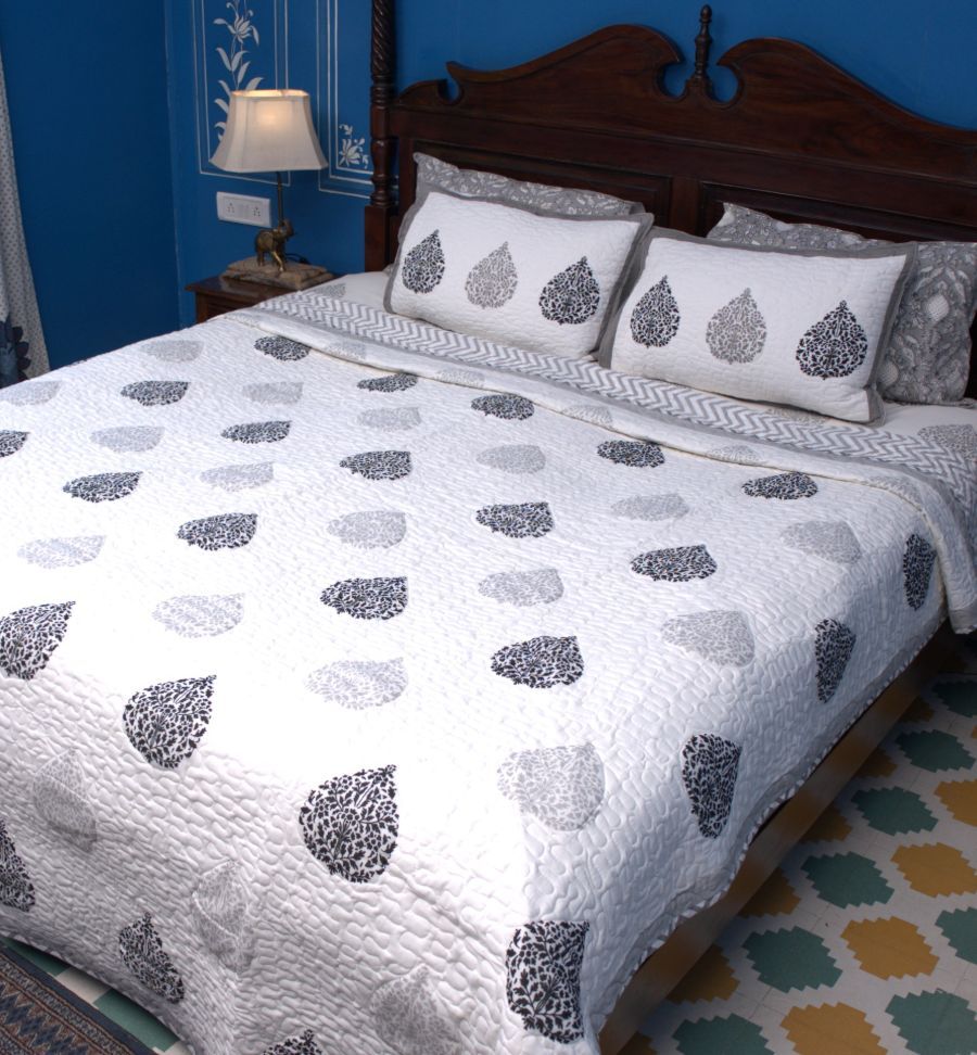 Betel leaf Black & Grey Hand Block Quilted Bedcover
