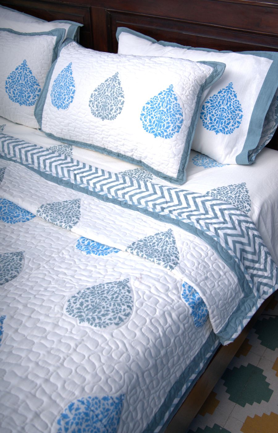 Betel leaf Blue Hand Block Quilted Bedcover