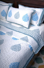 Betel leaf Blue Hand Block Quilted Bedcover
