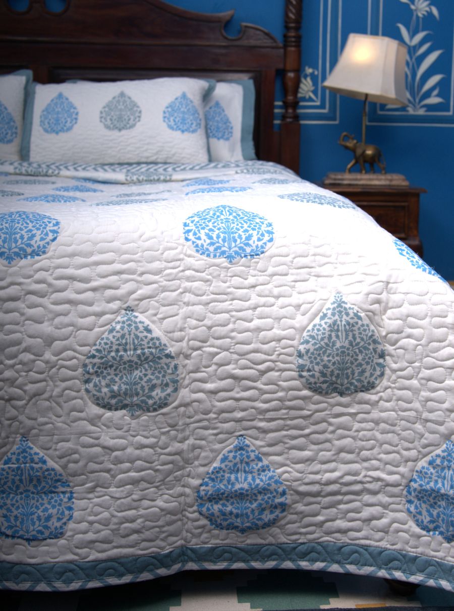 Betel leaf Blue Hand Block Quilted Bedcover