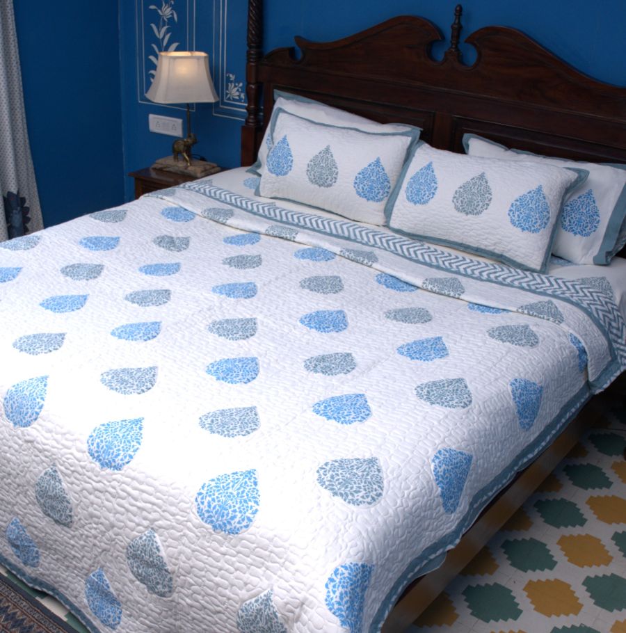 Betel leaf Blue Hand Block Quilted Bedcover