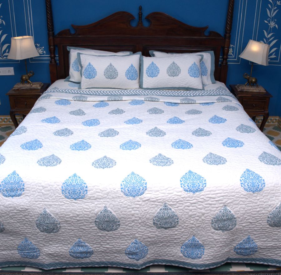 Betel leaf Blue Hand Block Quilted Bedcover