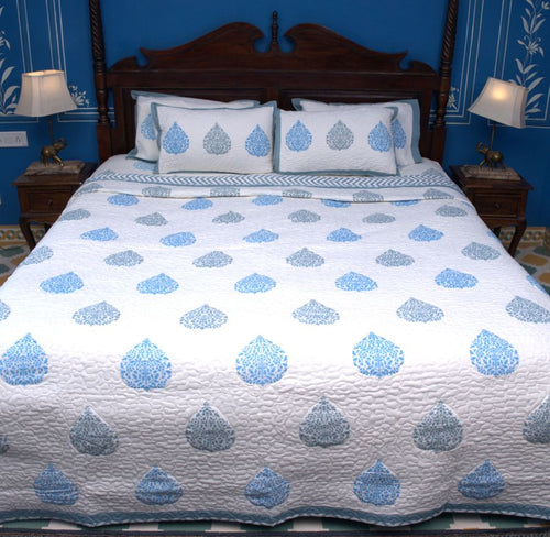 Betel leaf Blue Hand Block Quilted Bedcover