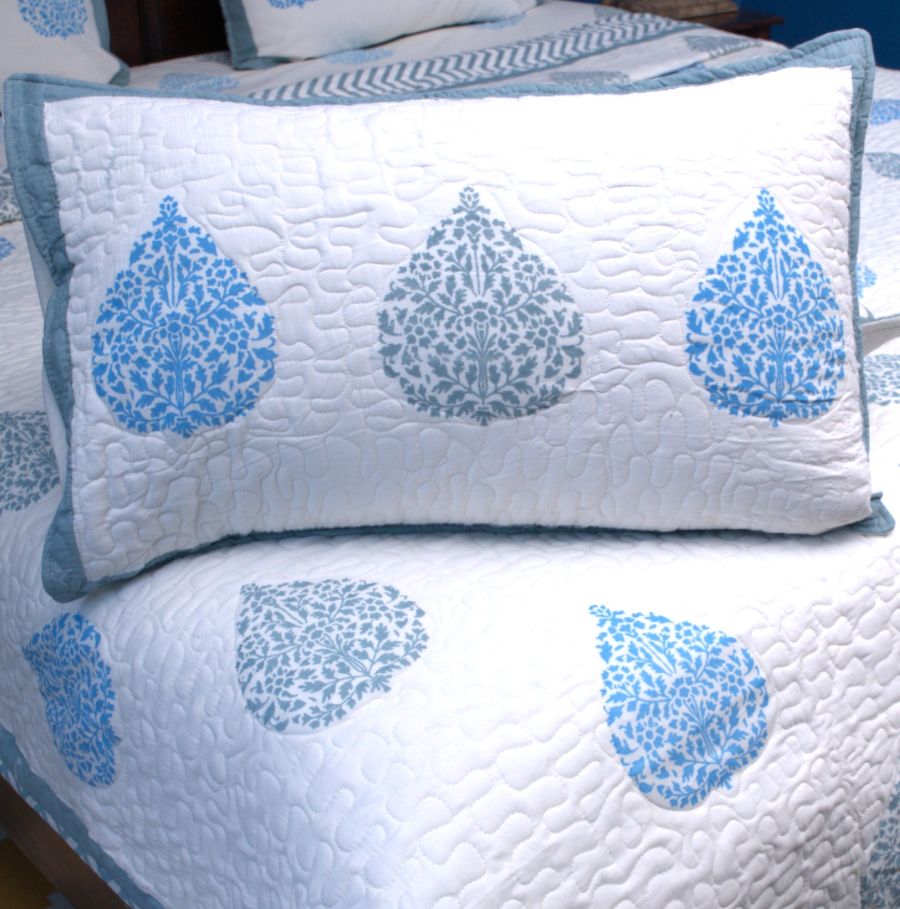 Betel leaf Blue Hand Block Quilted Bedcover