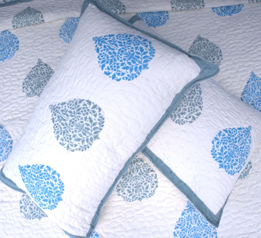 Betel leaf Blue Hand Block Quilted Bedcover