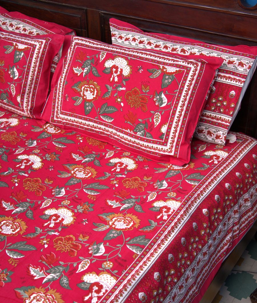 Royal Red Mughal Hand Block Bedsheet with 2 Pillow Cover Set - 220TC