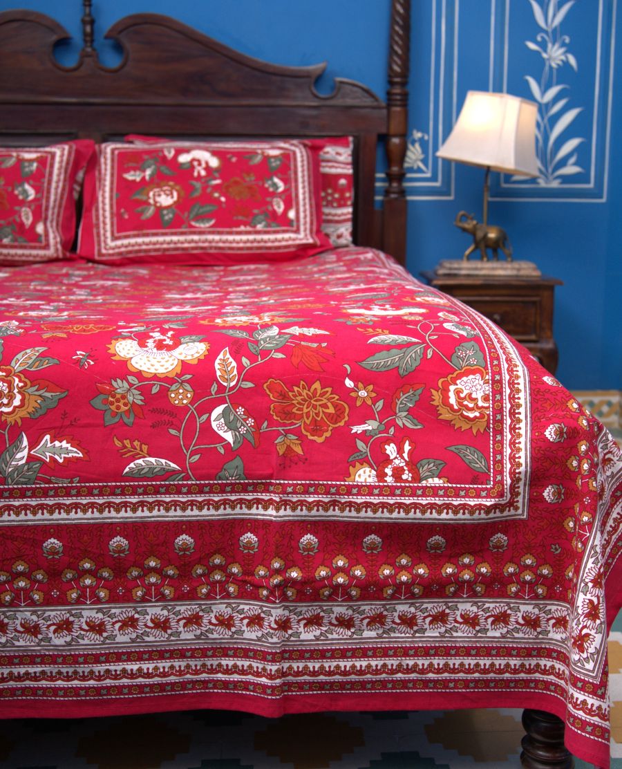 Royal Red Mughal Hand Block Bedsheet with 2 Pillow Cover Set - 220TC