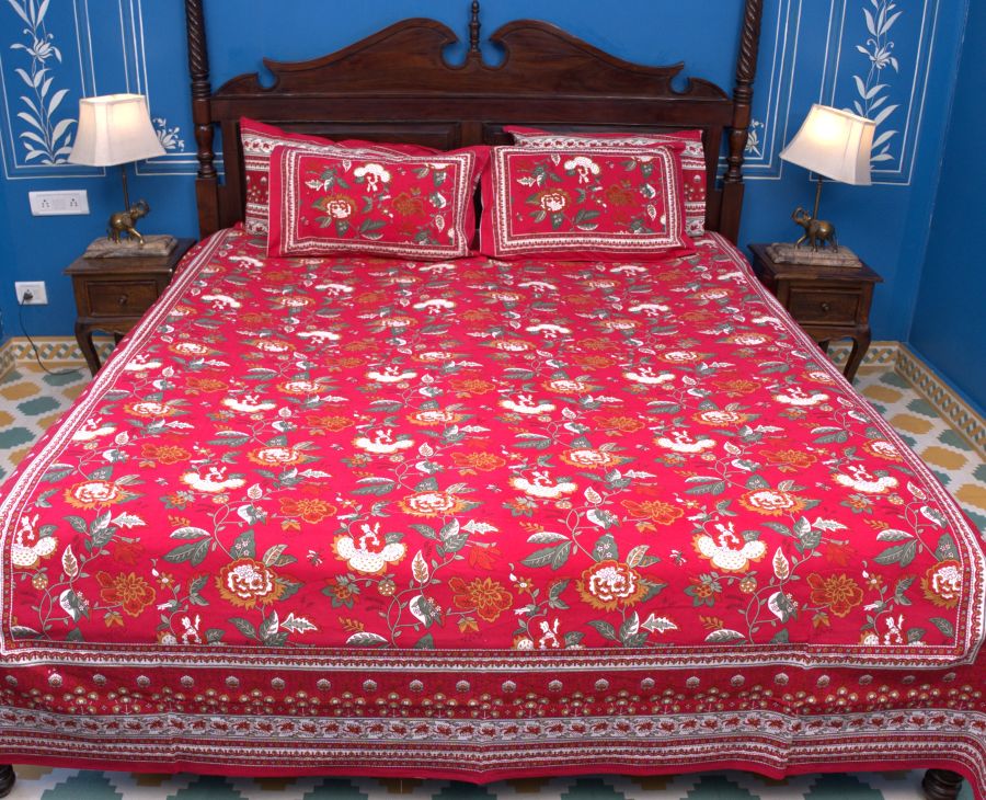 Royal Red Mughal Hand Block Bedsheet with 2 Pillow Cover Set - 220TC
