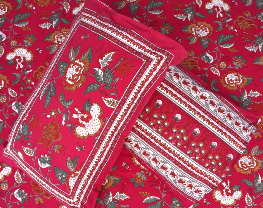 Royal Red Mughal Hand Block Bedsheet with 2 Pillow Cover Set - 220TC