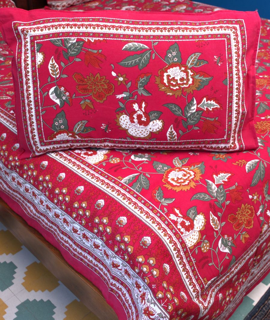 Royal Red Mughal Hand Block Bedsheet with 2 Pillow Cover Set - 220TC