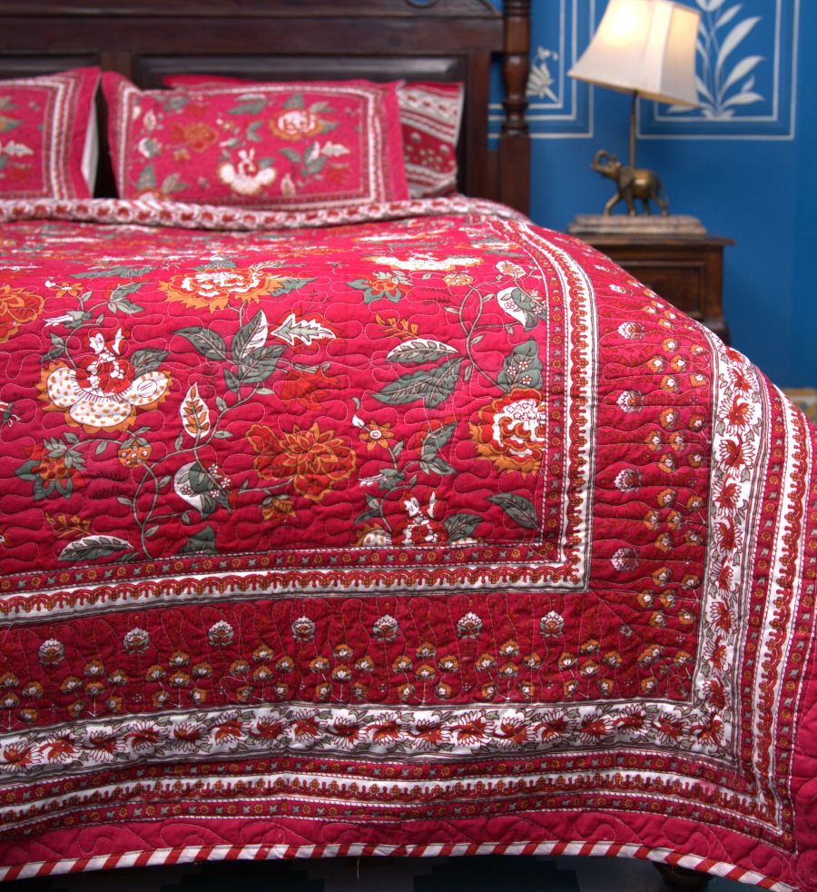 Royal Red Mughal Bedsheet & Dohar Set – Hand Block Printed