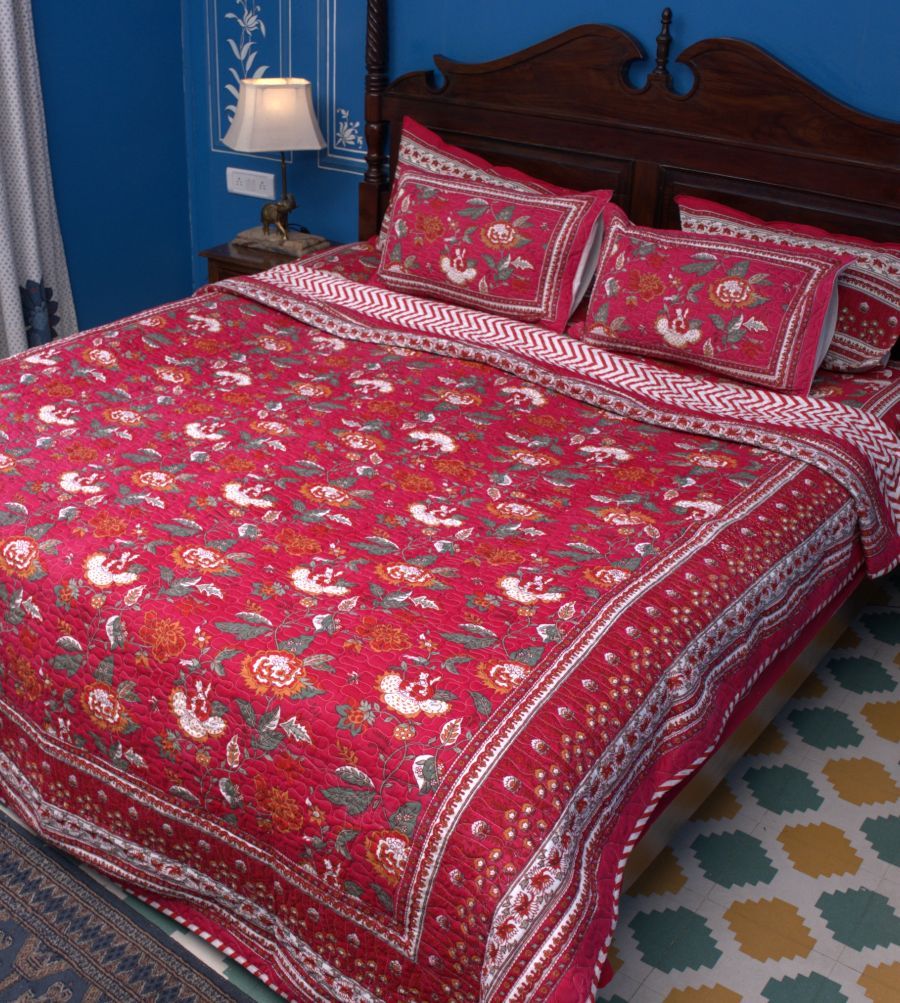 Royal Red Mughal Bedsheet & Dohar Set – Hand Block Printed
