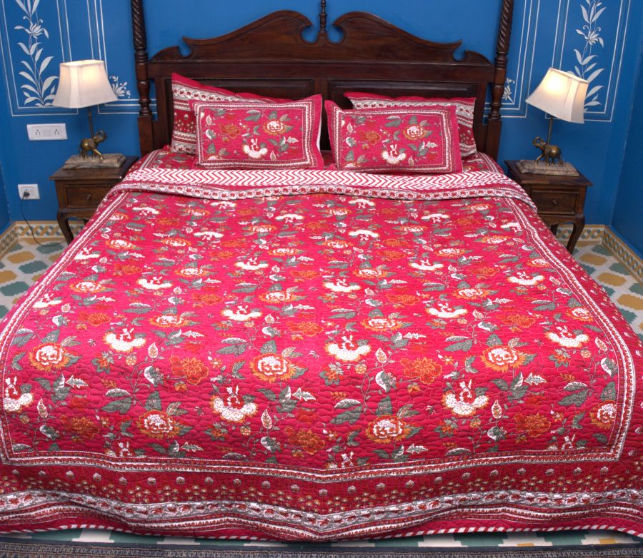Royal Red Mughal Bedsheet & Dohar Set – Hand Block Printed