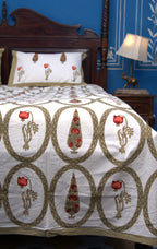 Red & Olive Green Tulip Mughal Floral Hand Block Bedsheet with 2 Pillow Cover Set - 220TC