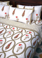 Red & Olive Green Tulip Mughal Floral Hand Block Quilted Bedcover