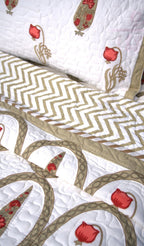 Red & Olive Green Tulip Mughal Floral Hand Block Quilted Bedcover